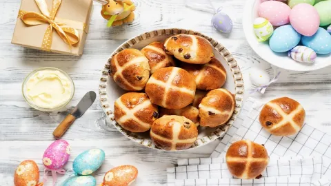 Easter specials include Hot Cross Buns and Easter Eggs