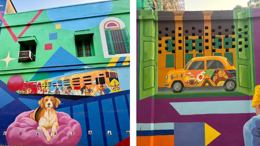 <p>Kolkata's iconic tram and yellow taxi share space on the wall.</p>