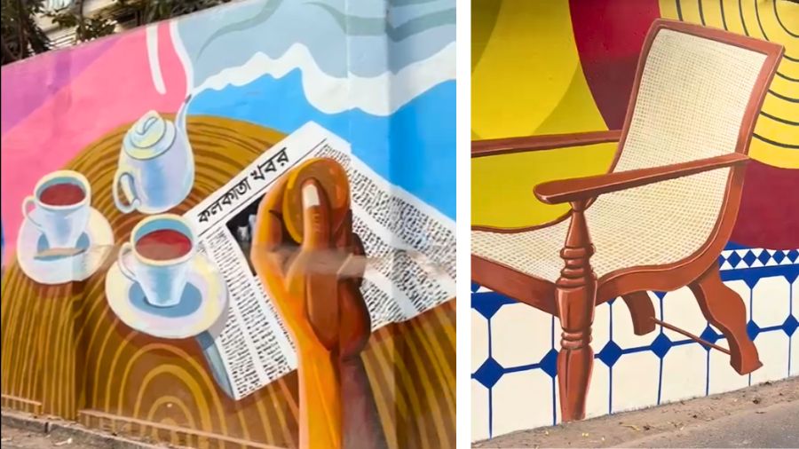 <p>A quintessential old-world Kolkata morning scene: 'aram-ke-daray' (armchair), cups of tea with biscuits and crisp newspaper loaded with local 'khobor'.</p>