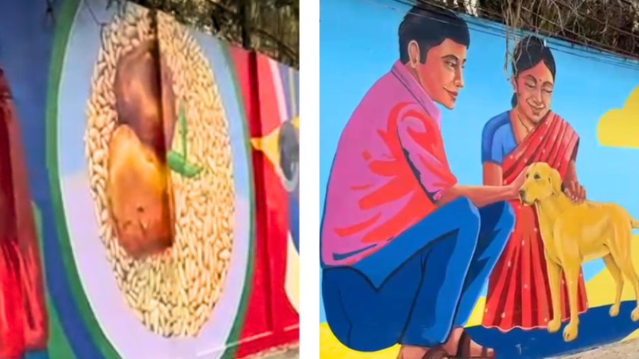 <p>Panels depicting a bowl of muri (puffed rice) with aloo (potato) and kancha lonka (green chilli) — the holy trifecta of Bengali evening snack — and Kolkata's love for strays.</p>