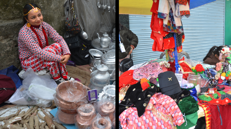 <p>(Left) A local in traditional attire sells her wares at the Haat, (right) colourful outfits on sale at a stall. (Pictures by Purav Pradhan)</p>