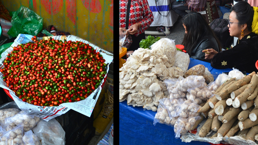 <p>Dalle, bamboo shoot, tarul and other vegetables on sale. (Pictures by Purav Pradhan)</p>